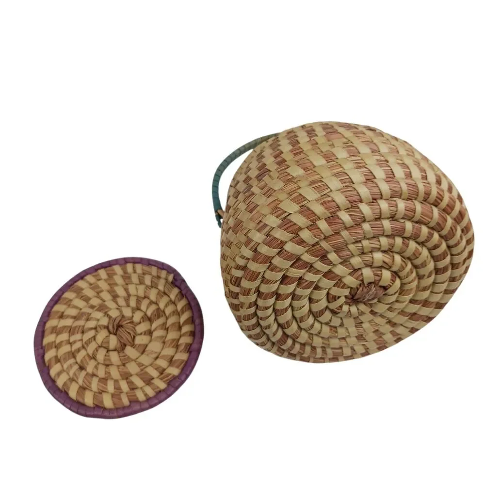 Vtg Sweetgrass Basket With Lid Low Country Single Handle Gullah